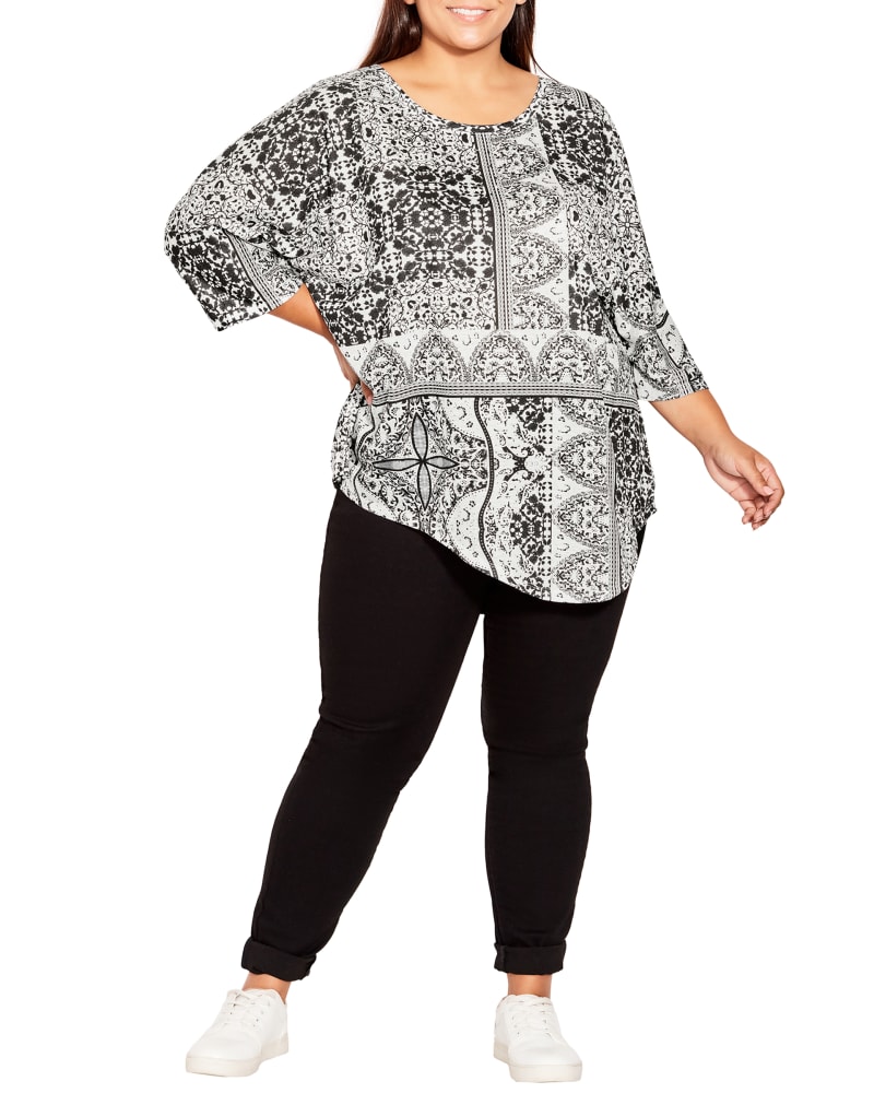 Front of a model wearing a size 14 Isabel Point Front Top in Black / White by avenue. | dia_product_style_image_id:234181